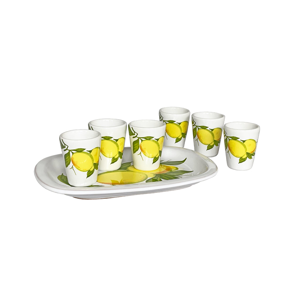Limoncello Set-6 ceramic glasses and tray (tray 9 1/4 x 6/5- glasses  2.5h, 2d) Glasses hold 2 oz.